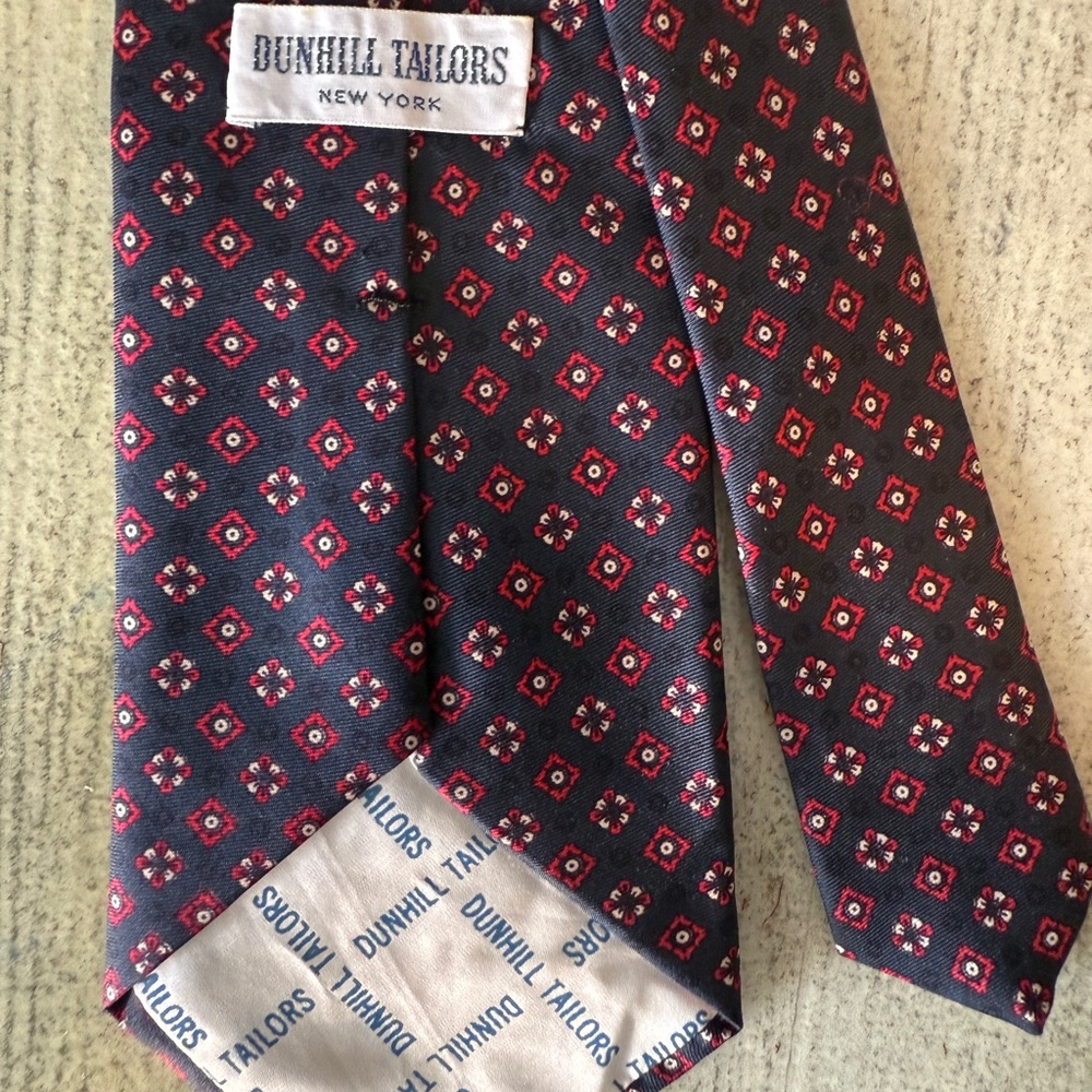 Dunhill Blue and Red Silk Tie with Geometric Pattern
